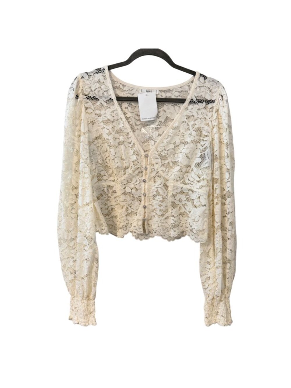Mine Lace Button-Up Cropped Long-Sleeve Blouse Size L Ivory top. NWT - Picture 2 of 11